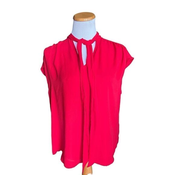 Womens 7th Avenue New York & Company Bright Red Tie Neck Cap Sleeve Top - Sz XL - Picture 1 of 1